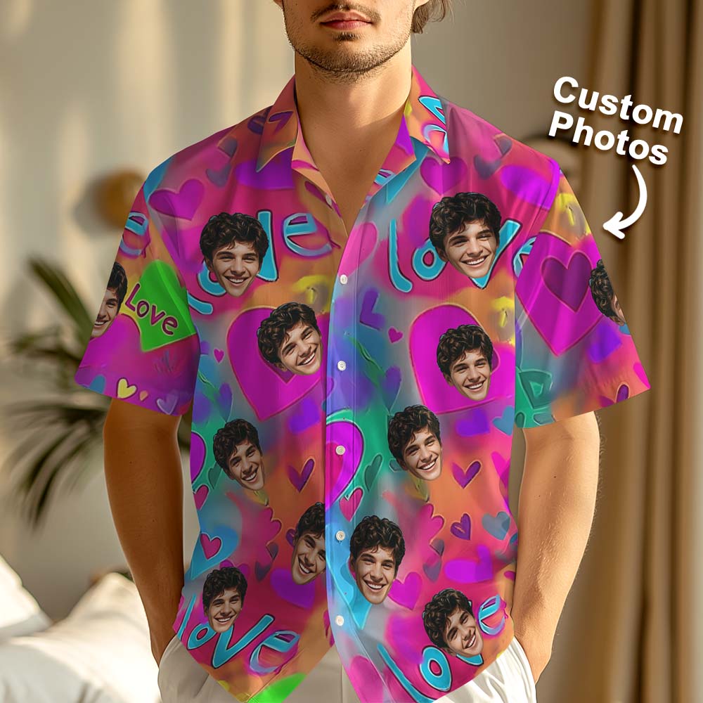 Custom Photo Men Hawaiian Shirt Personalized Colorful Love Heart Valentine’s Day Shirt