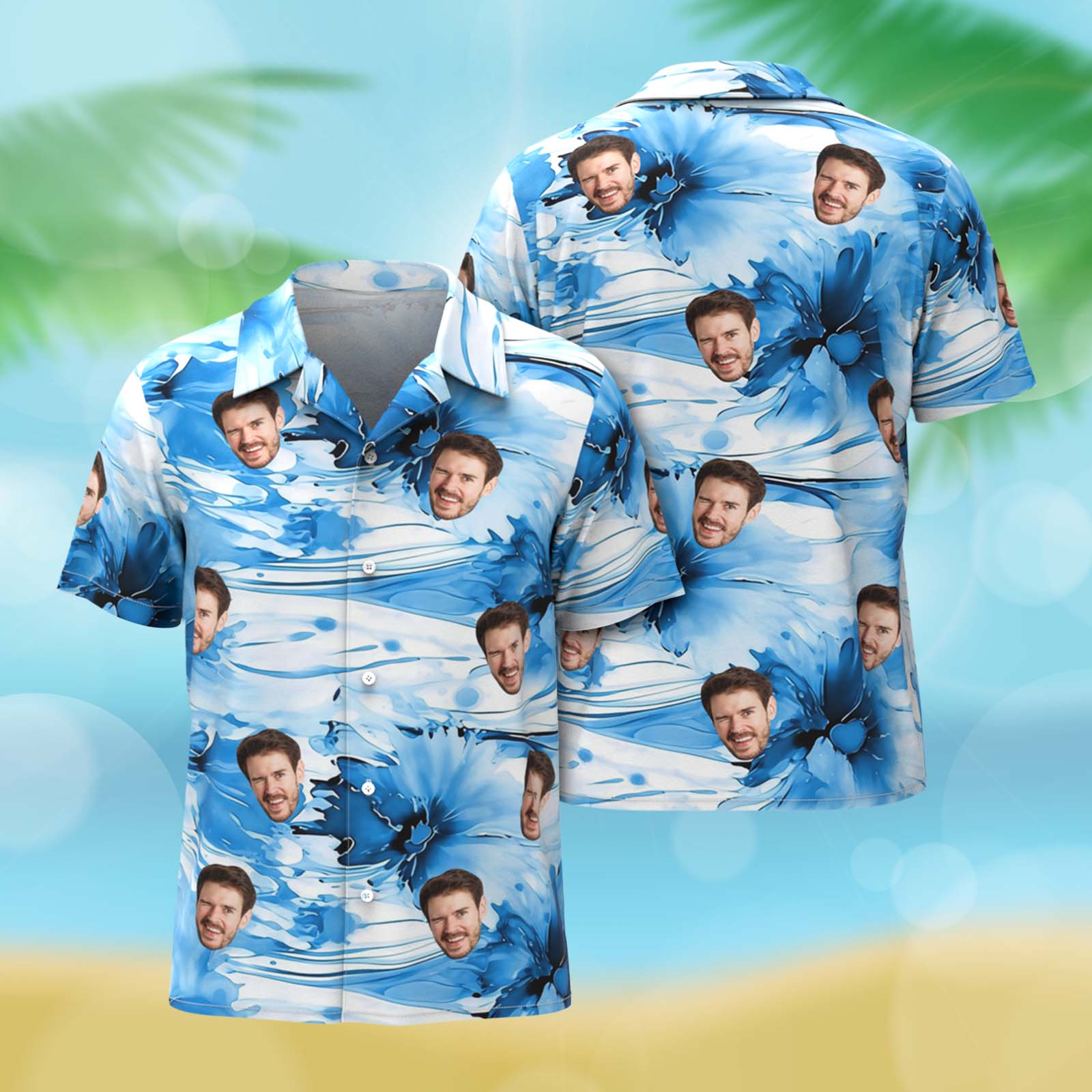 Custom Face Hawaiian Shirt Personalized Ocean Blue Waves Print Fun Gift for Wife & Bestie Gift For Her