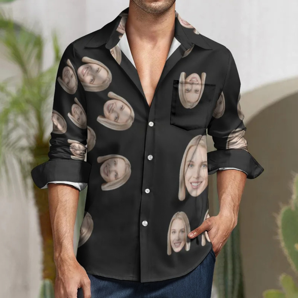 Custom Face Black All Over Print Large Long Sleeve Shirt