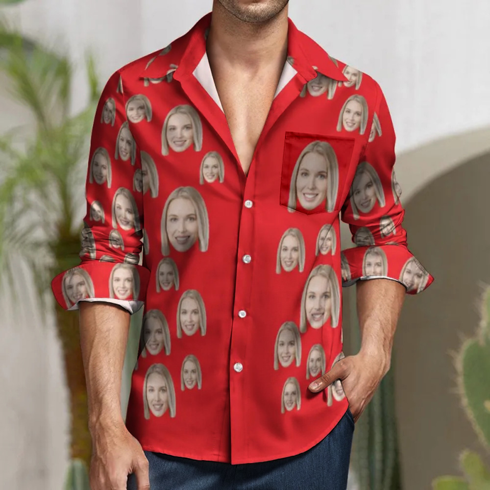 Custom Face Red All Over Print Large Long Sleeve Shirt