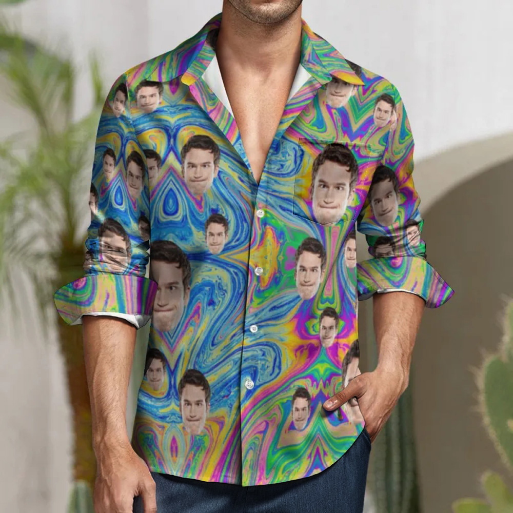 Custom Face All Over Print Large Long Sleeve Shirt Colorful Abstract Paint Flow