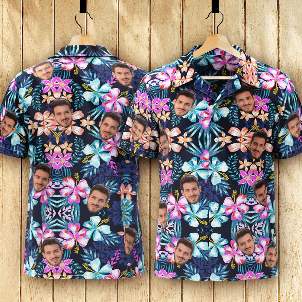 Custom Face Hawaiian Shirt Romantic Flowers Men's All Over Print Strip