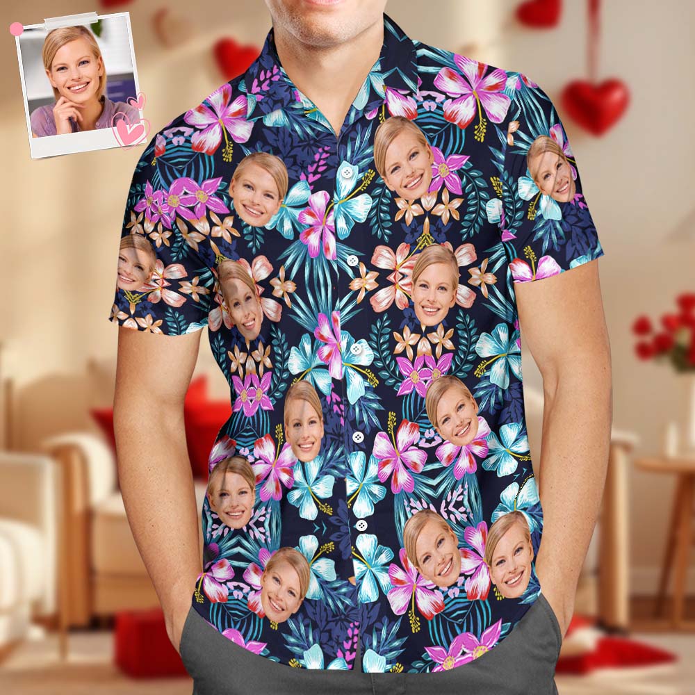 Custom Face Hawaiian Shirt Men's All Over Print Aloha Shirt Gift - Multicolored Flowers