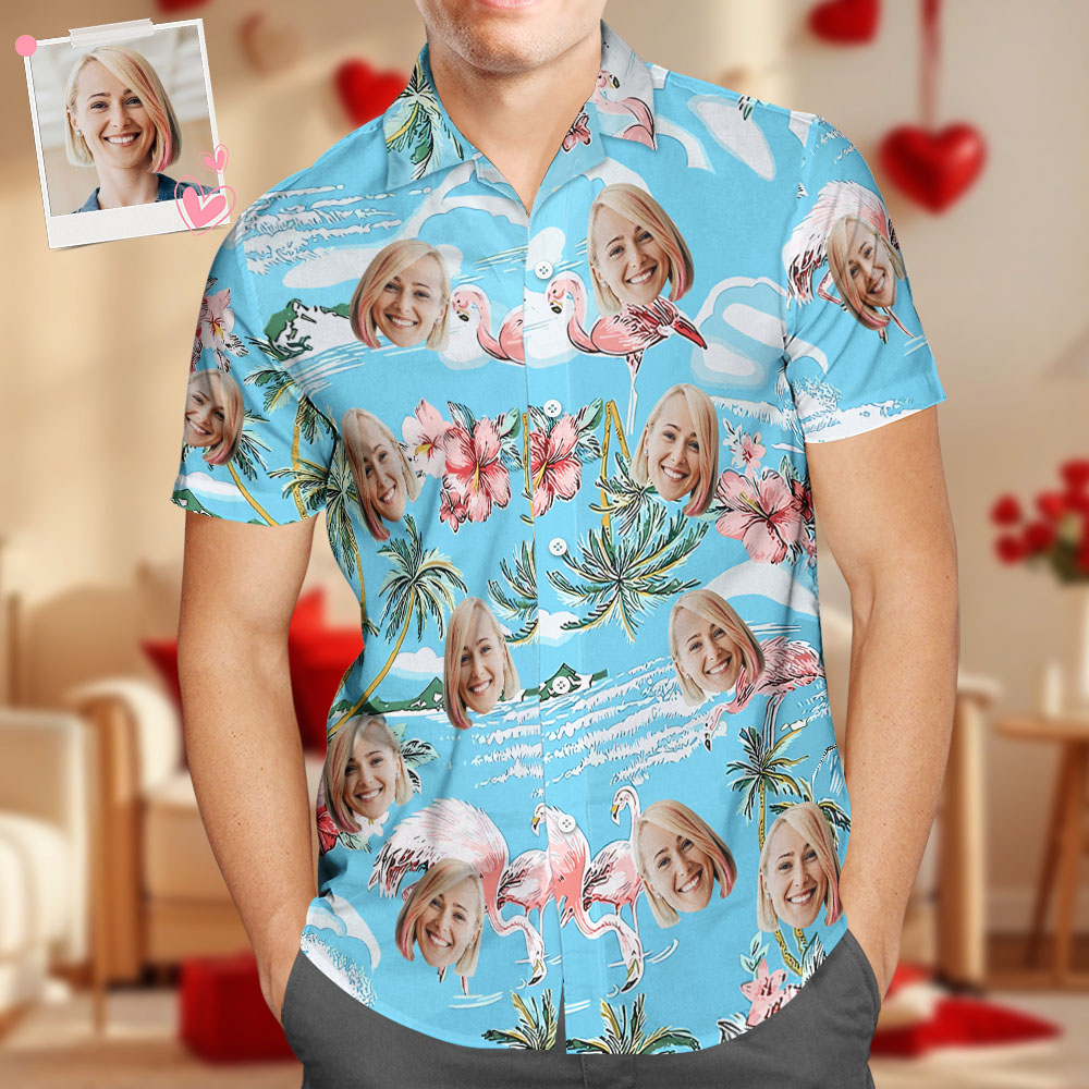 Custom Face Hawaiian Shirt Men's All Over Print Aloha Shirt Gift - Pink Flamingos and Flowers