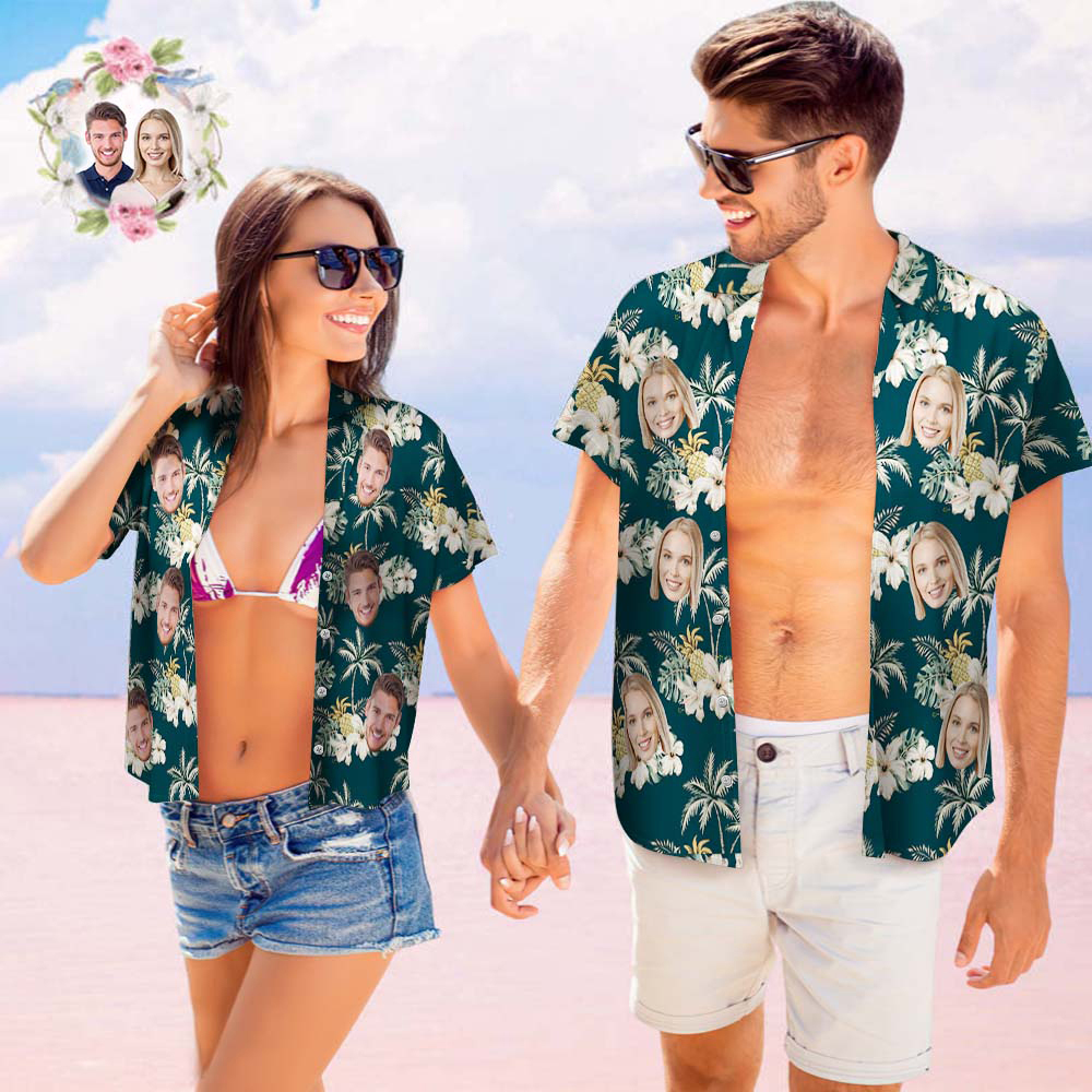 Valentine's Day Custom Photo Funky Vintage Hawaiian Shirt Casual Button-Down Unisex Shirts For Couple
