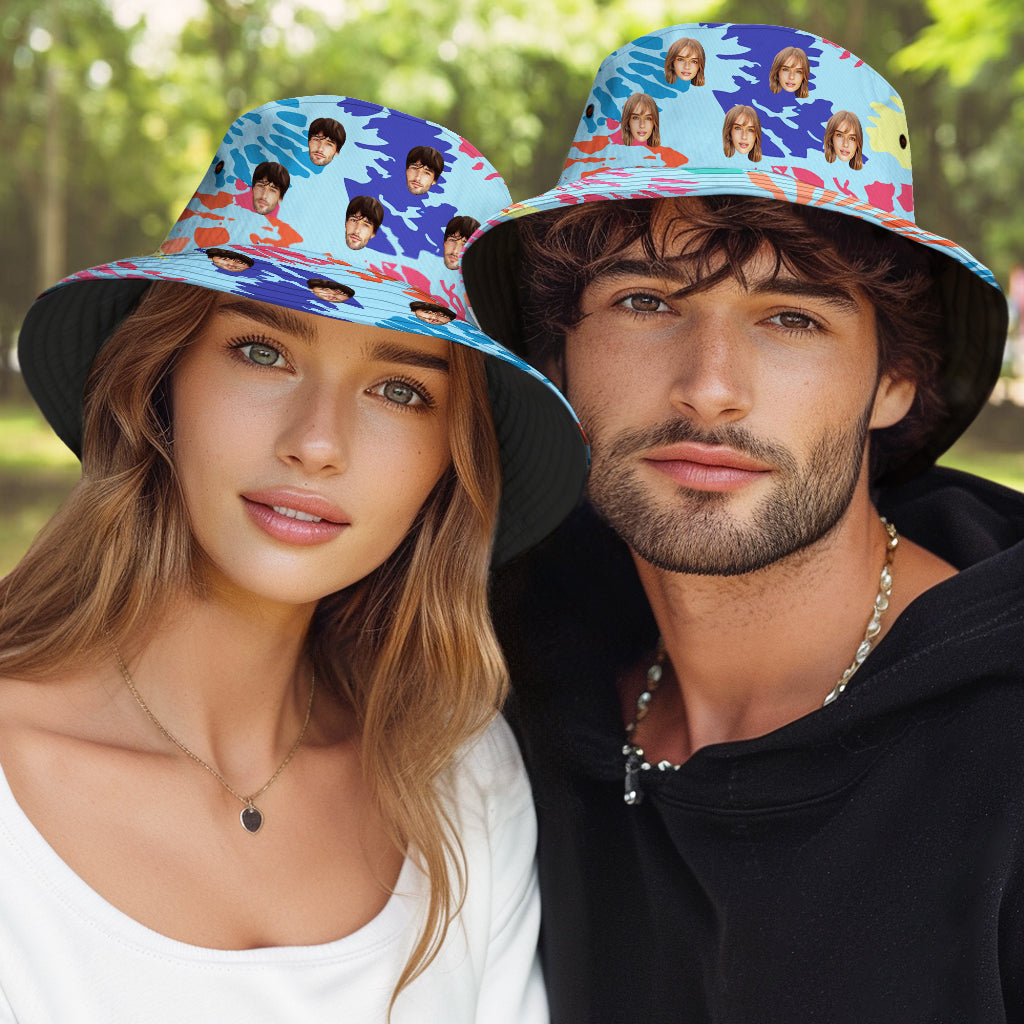 Custom Face Bucket Hat Unisex Personalised Photo Wide Brim Outdoor Summer Hats Blue And White Oil Painting Style