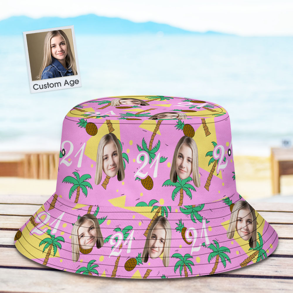 Custom Face and Numbers Bucket Hat Coconut Tree and Pineapple Gift for Him