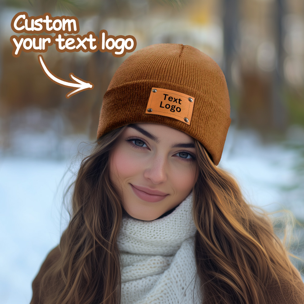 Personalized Leather Patch Beanies - Custom Beanie Hats with Custom Logo - Newborn Toddler Youth Unisex Winter Hat | Company Logo Gift