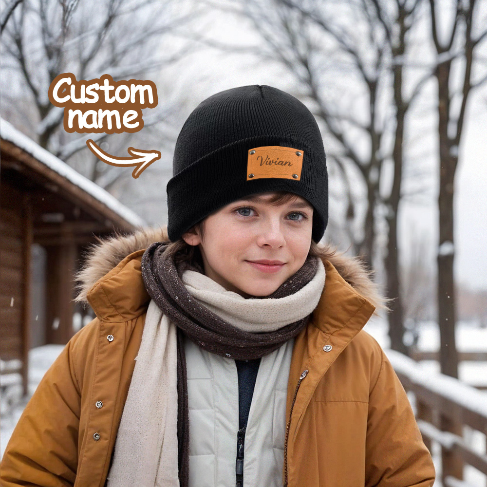 Personalized Printed Name Beanie - LIGHT BROWN PATCH