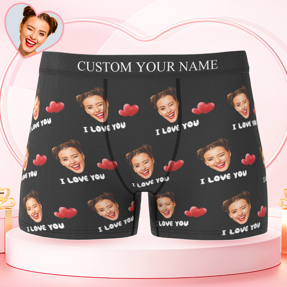 Custom Face Men's Boxer I Love You Style Underwear, Birthday Gifts for Husband, Waistband Text Boxer Gift