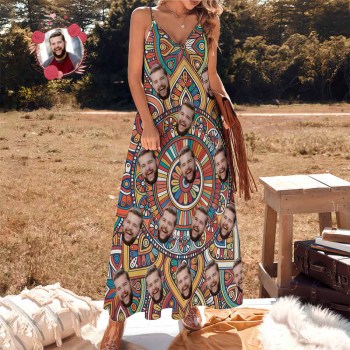 Custom Face Vintage Boho Dress Personalized Beach Dress Casual Loose Party Long Dress - MyHawaiianShirts