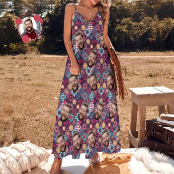 Custom Face Dress Vintage Boho Flower Pattern Personalized Casual Loose Party Long Dress - MyHawaiianShirts