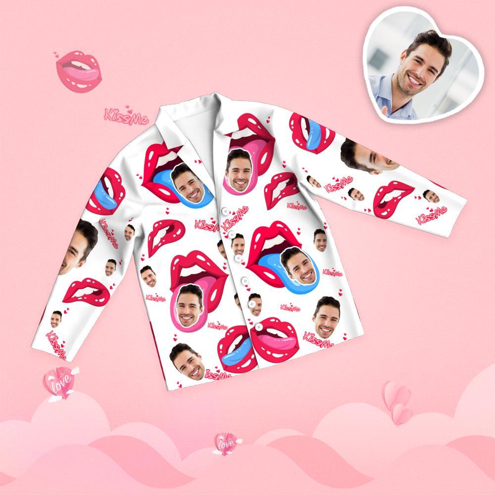 Valentine's Day Custom Face Tongue Kiss Printed Long Sleeve Pajamas - MyFaceTshirt