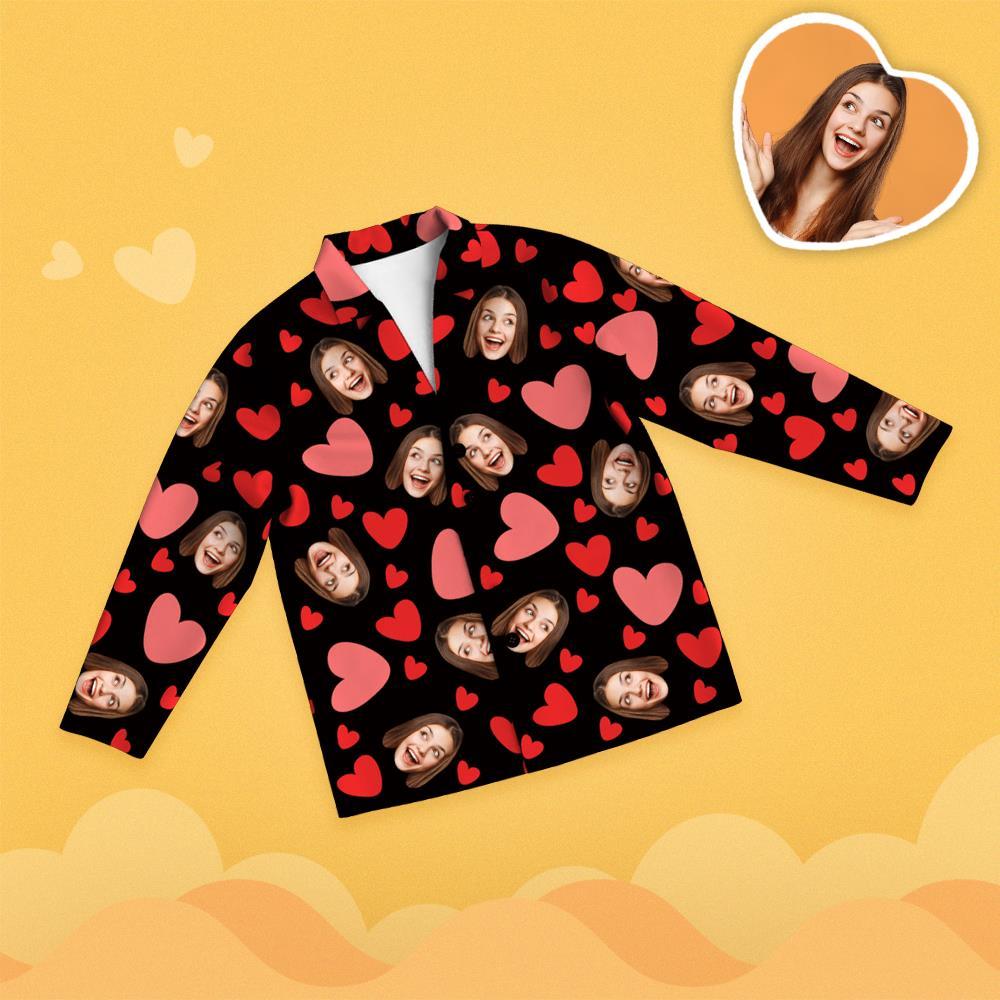 Custom Face Red Heart Printed Long Sleeve Pajamas - MyFaceTshirt