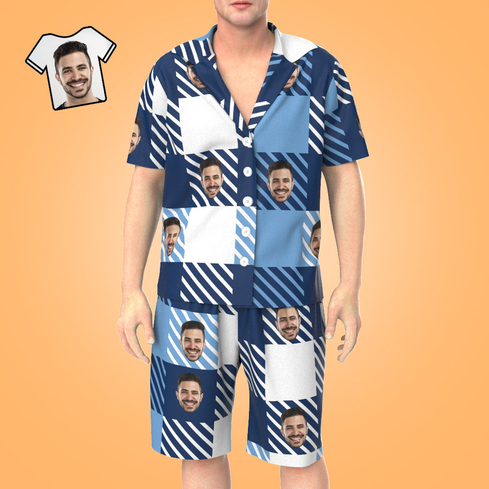 Custom Face Short Sleeve Blue Stripe Grid Pajamas - MyFaceTshirt