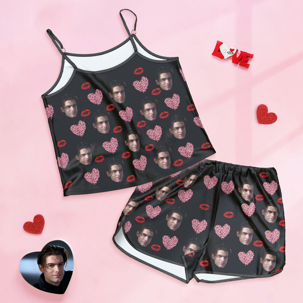 Custom Face Camisole Sleepwear Personalized Lingerie Set Kiss And Pink Heart Gift For Her - MyFaceTshirt