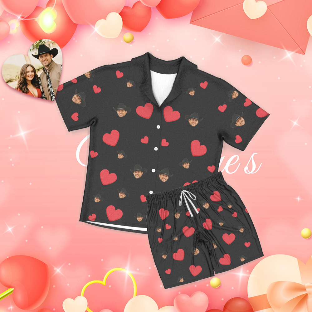 Custom Face Short Sleeve Pajamas Custom Red Heart Photo Pajamas