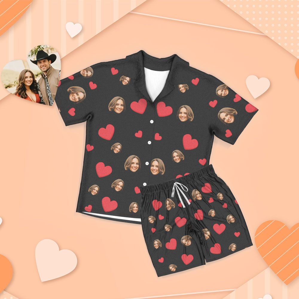 Custom Face Short Sleeve Pajamas Custom Red Heart Photo Pajamas
