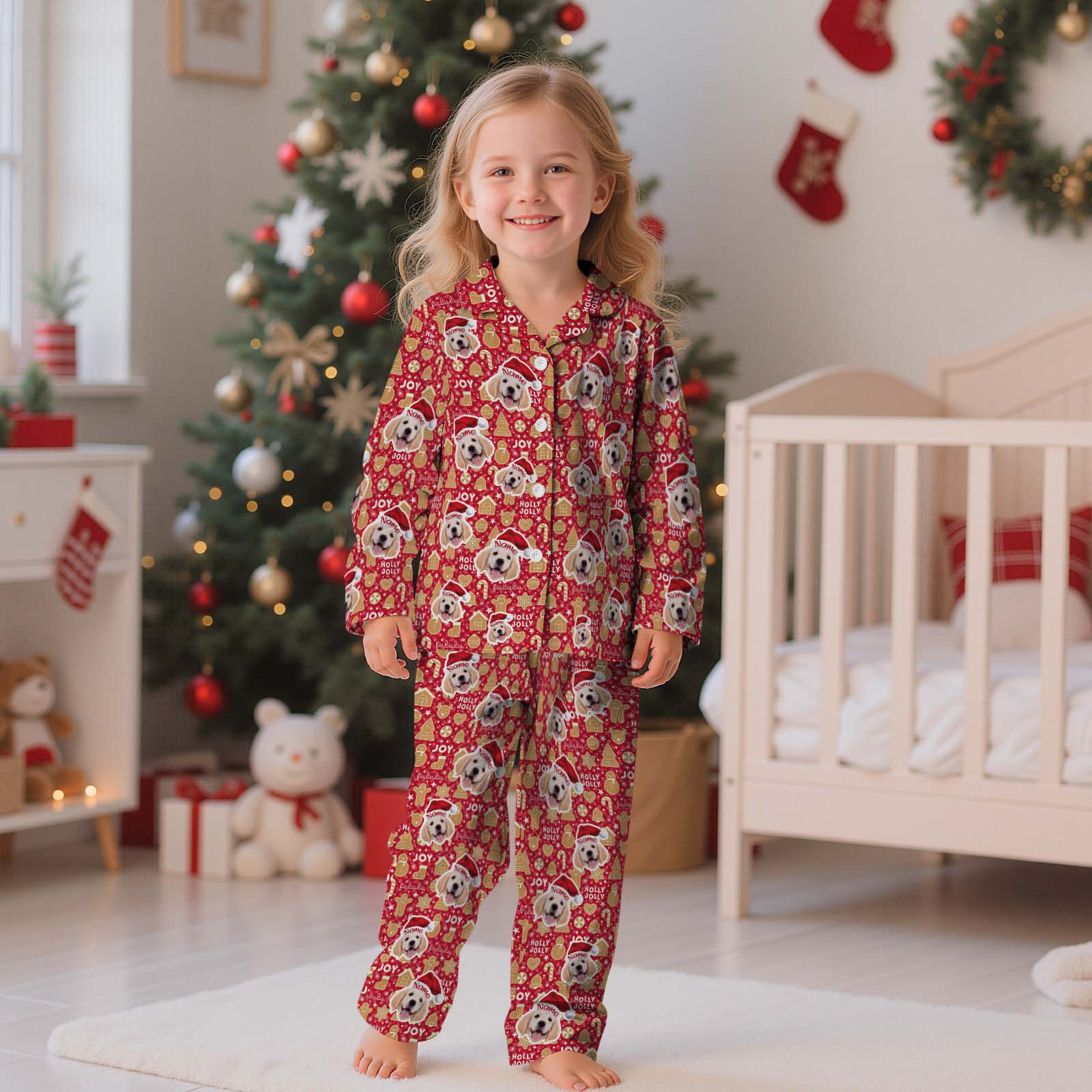Custom Children's PJs with Pet Picture & Festive Gingerbread Plaid Print