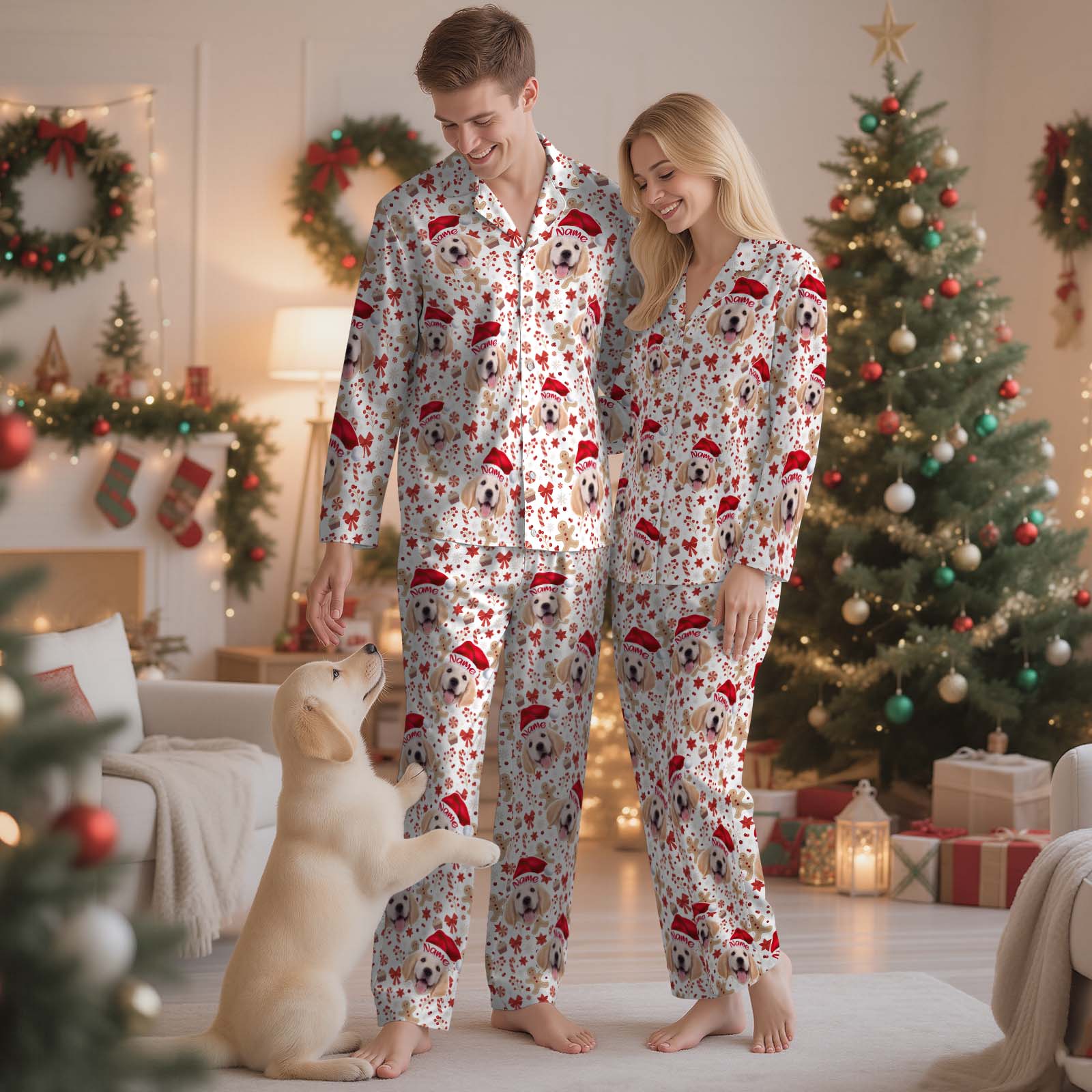Personalized Pet Photo Christmas Pajamas with Gingerbread & Plaid Patterns
