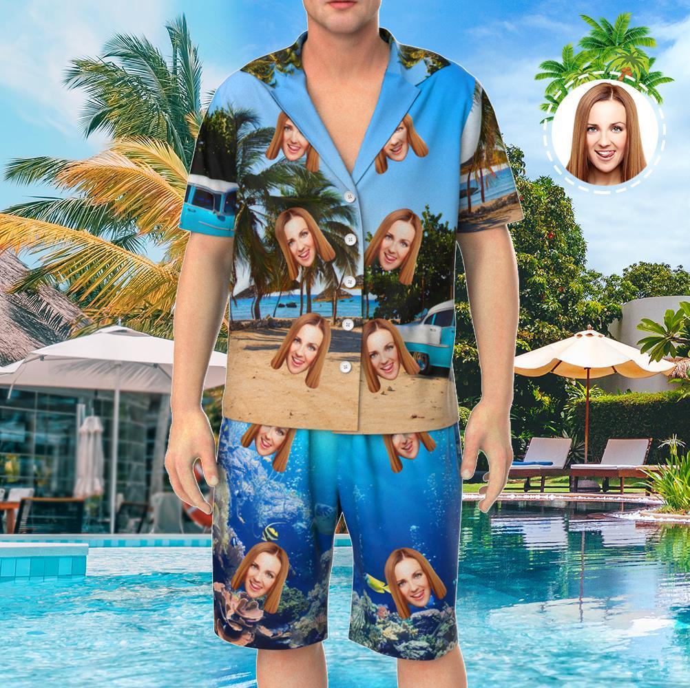 Custom Face Short Sleeve Personalized Pajamas Ocean Beach Landscape Pattern - MyFaceTshirt
