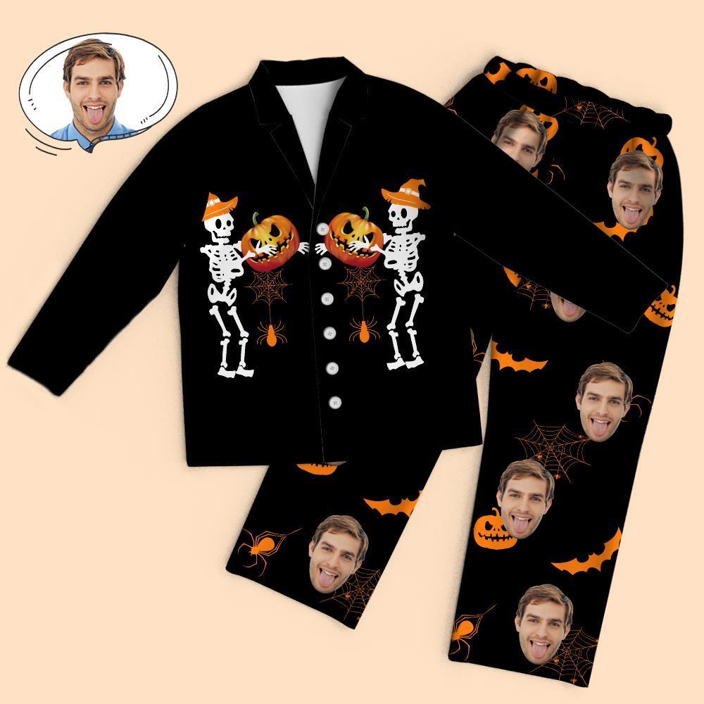 Custom Face Halloween Skeleton pumpkin Print Pajamas - MyFaceTshirt
