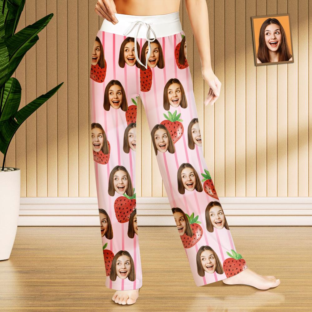 Custom Face Sleepwear Ladies Loose Wide-leg Pants Striped Strawberry Pajama - MyFaceTshirt