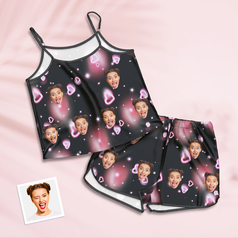 Custom Face Camisole Sleepwear Personalized Lingerie Set Summer Pajamas - Allover Heart - MyFaceTshirt