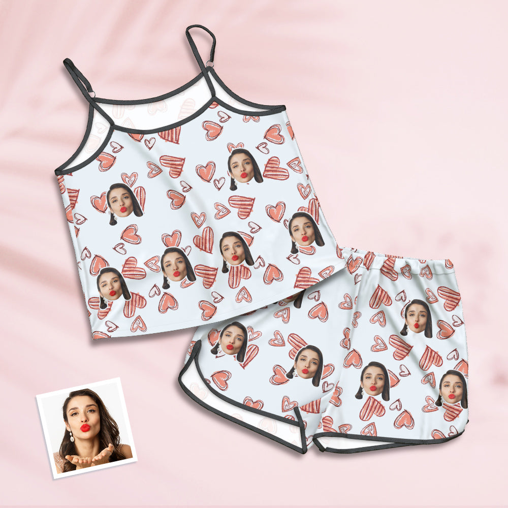 Custom Face Camisole Sleepwear Personalized Lingerie Set Summer Pajamas - Pink Heart - MyFaceTshirt