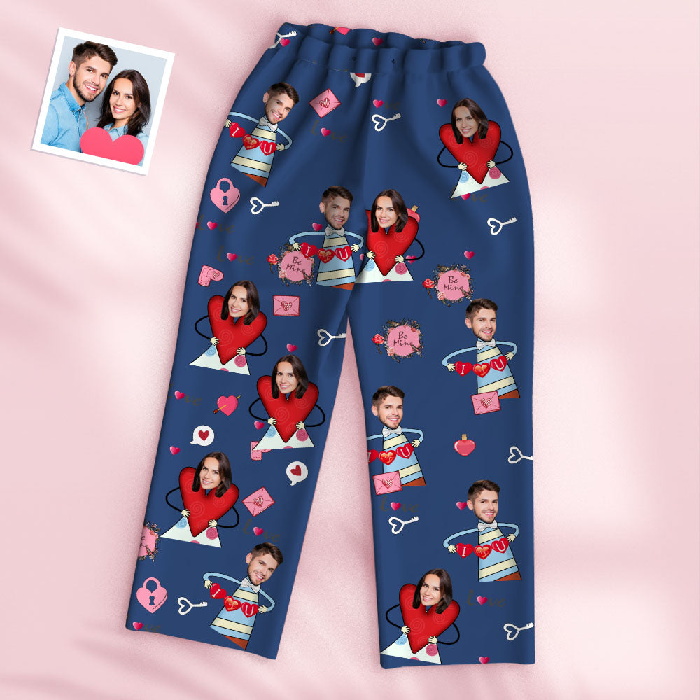 Custom Face Pajama Pants Personalized Photo Heart Women Men Pajama Set - Be Mine - MyFaceTshirt