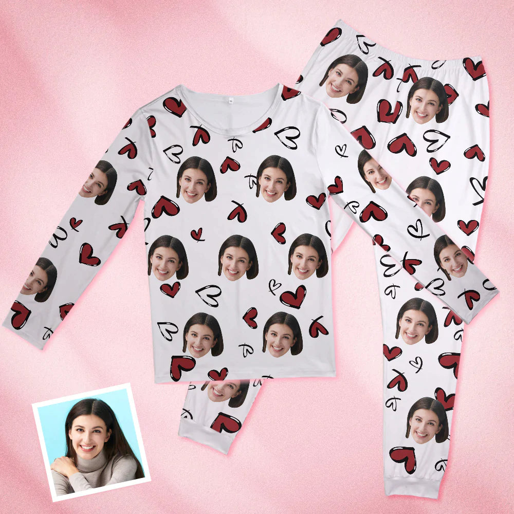 Custom Face White Pajamas Personalized Round Neck Funny Heart Pajamas For Women Valentine's Day Gift - MyFaceTshirt