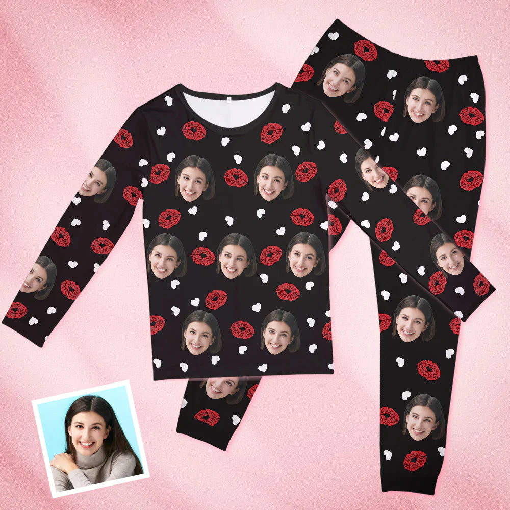 Custom Face Black Pajamas Personalized Round Neck Lips And Heart Pajamas For Women Valentine's Day Gift - MyFaceTshirt