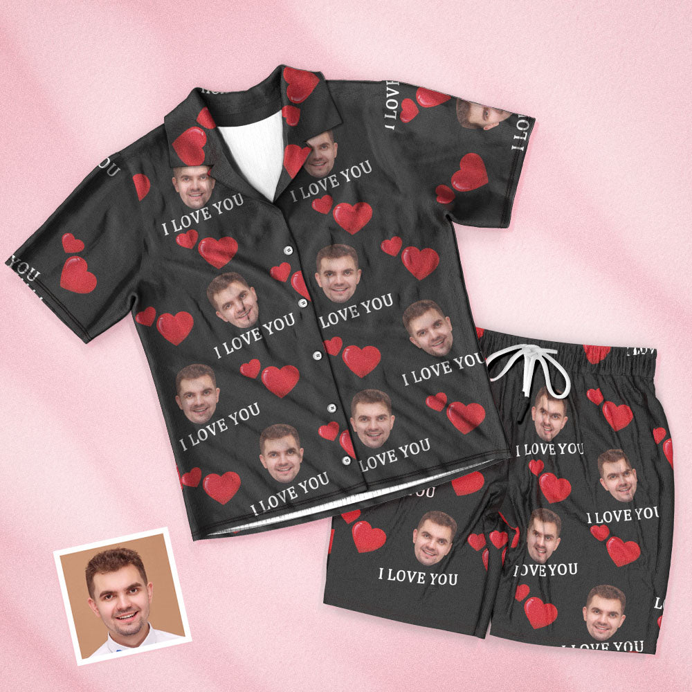 Custom Face Short Sleeved Pajamas Personalized Photo Heart Sleepwear Women Men Summer Pajamas Valentine's Day Gift - I Love You - MyFaceTshirt
