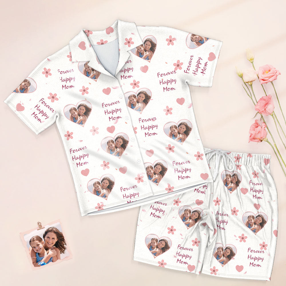 Custom Photo Short Sleeved Pajamas Personalized Sleepwear Women Summer Pajamas Forever Happy Mom - MyFaceTshirt