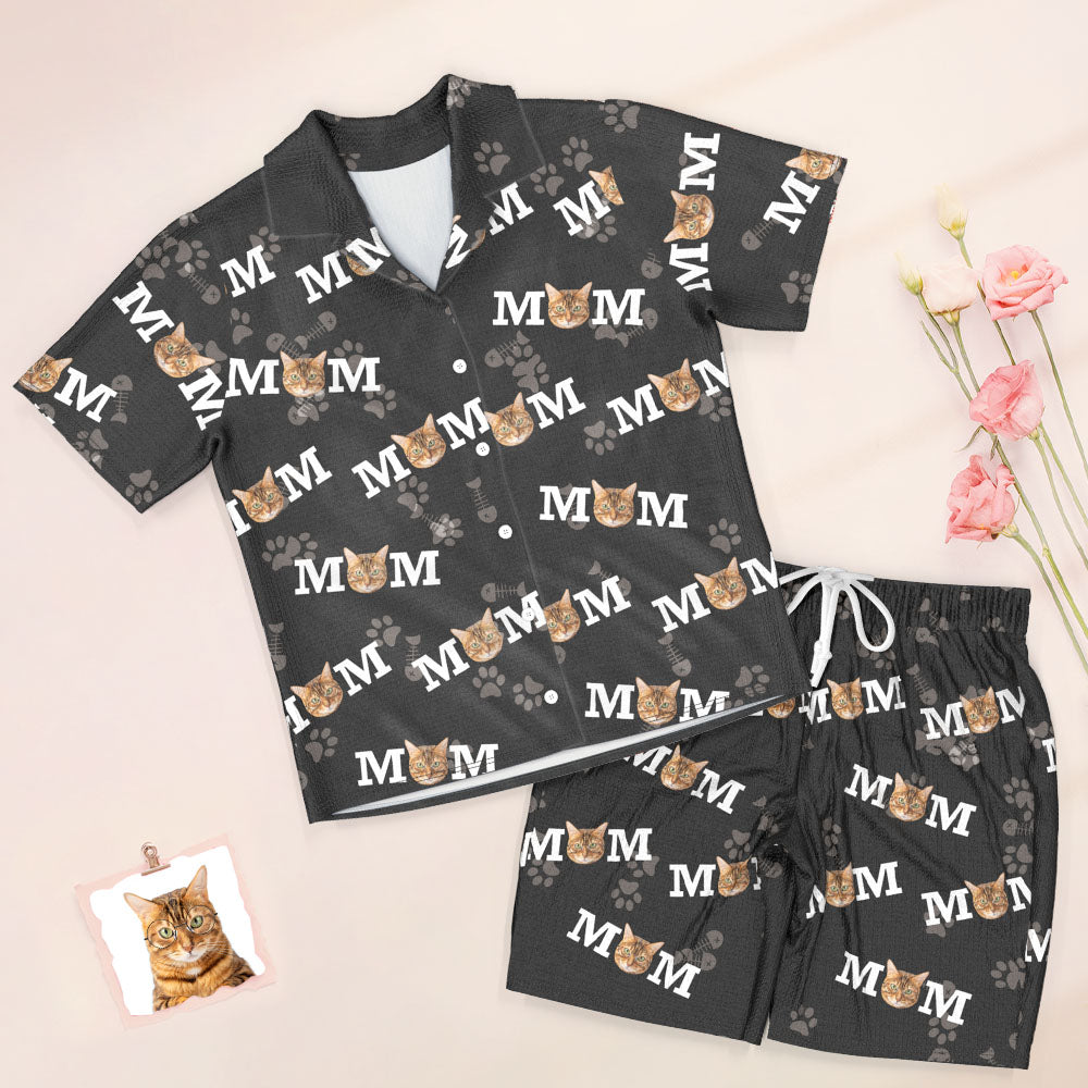 Custom Face Short Sleeved Pajamas Personalized Photo Sleepwear Women Summer Black Pajamas Cat Mom - MyFaceTshirt