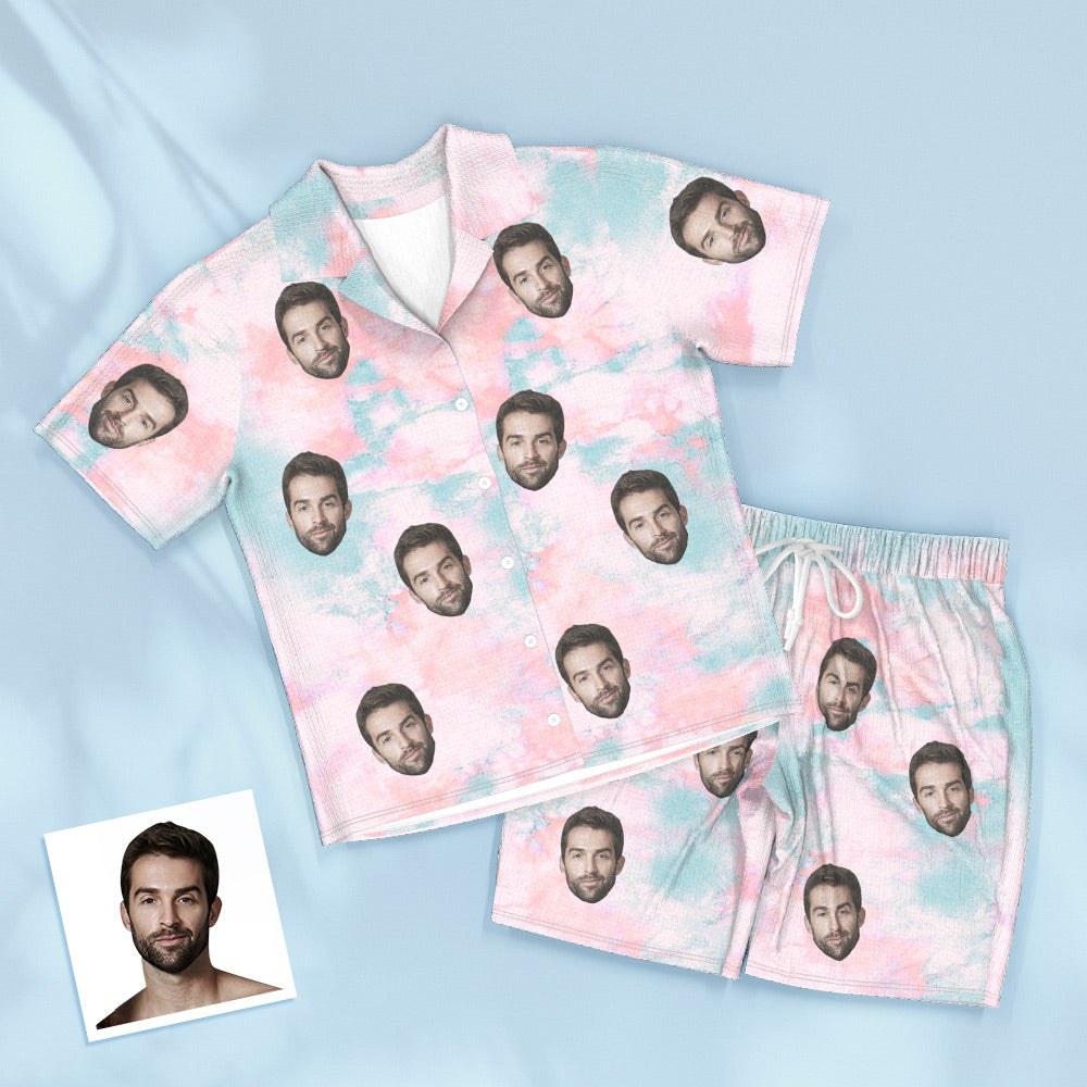 Custom Face Pink Tie Dye Pajamas Personalized Photo Short Sleepwear Love Gifts For Lover - MyFaceTshirt