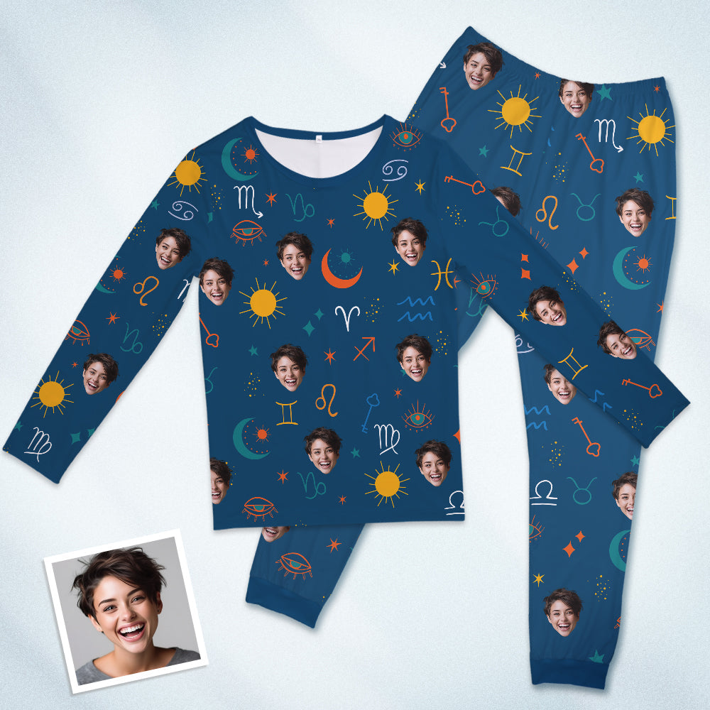 Custom Face Pajamas Sleepwear Personalized Round Neck Blue Pajamas Constellation Symbol For Women And Men - MyFaceTshirt