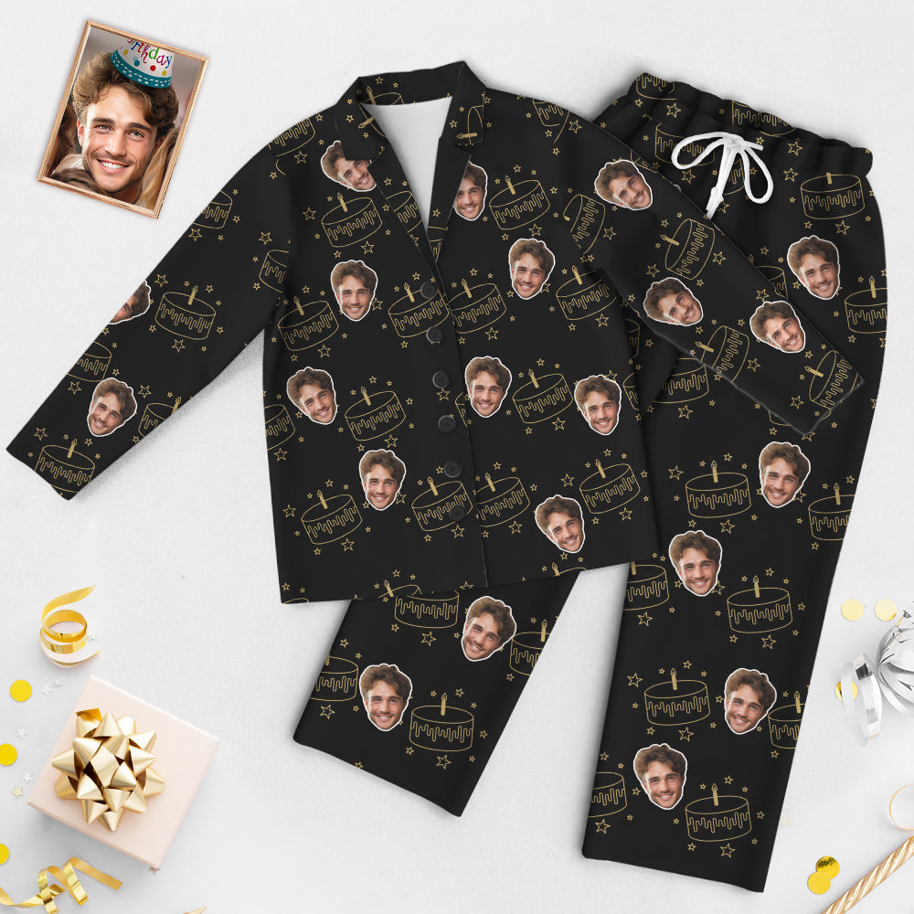 Custom Face Birthday Pajamas Personalized Photo Party Sleepwear Women Men Black Pajama Set Birthday Cake - MyFaceTshirt