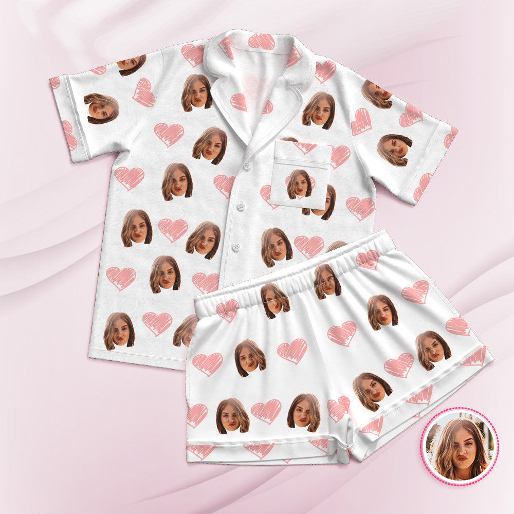 Custom Face Short Sleeved Pajamas Personalized Photo White Sleepwear Pink Heart Holiday Gifts - MyFaceTshirt