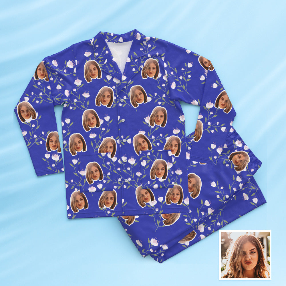 Custom Face Long Sleeve Button Down Sleepwear Personalized Photo Blue Pajamas Flowers Gift For Friends - MyFaceTshirt