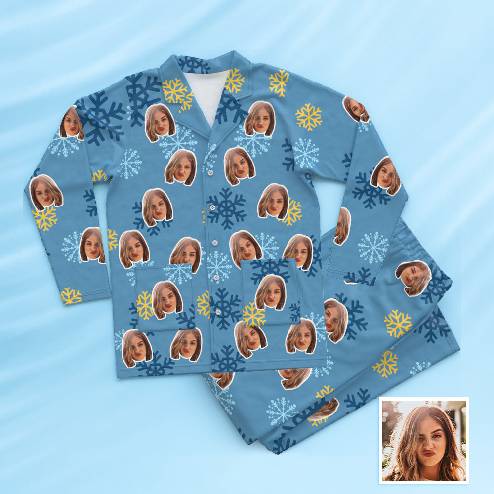 Custom Face Pajamas Sleepwear Personalized Photo Blue Pajamas Snowflake Gift For Friends - MyFaceTshirt