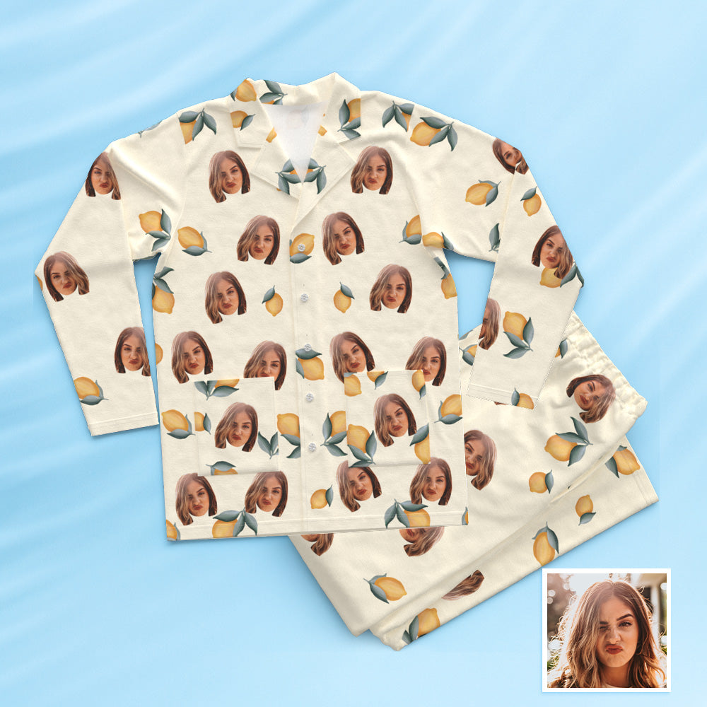Custom Face Long Sleeve Button Down Sleepwear Personalized Photo Pajamas Lemon Floral Print Gift For Friends - MyFaceTshirt