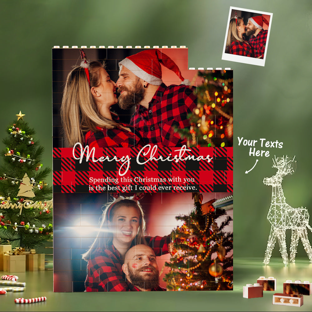 Custom Building Block Puzzle Vertical Building Couple Photo Brick Merry Christmas - MyFaceTshirt