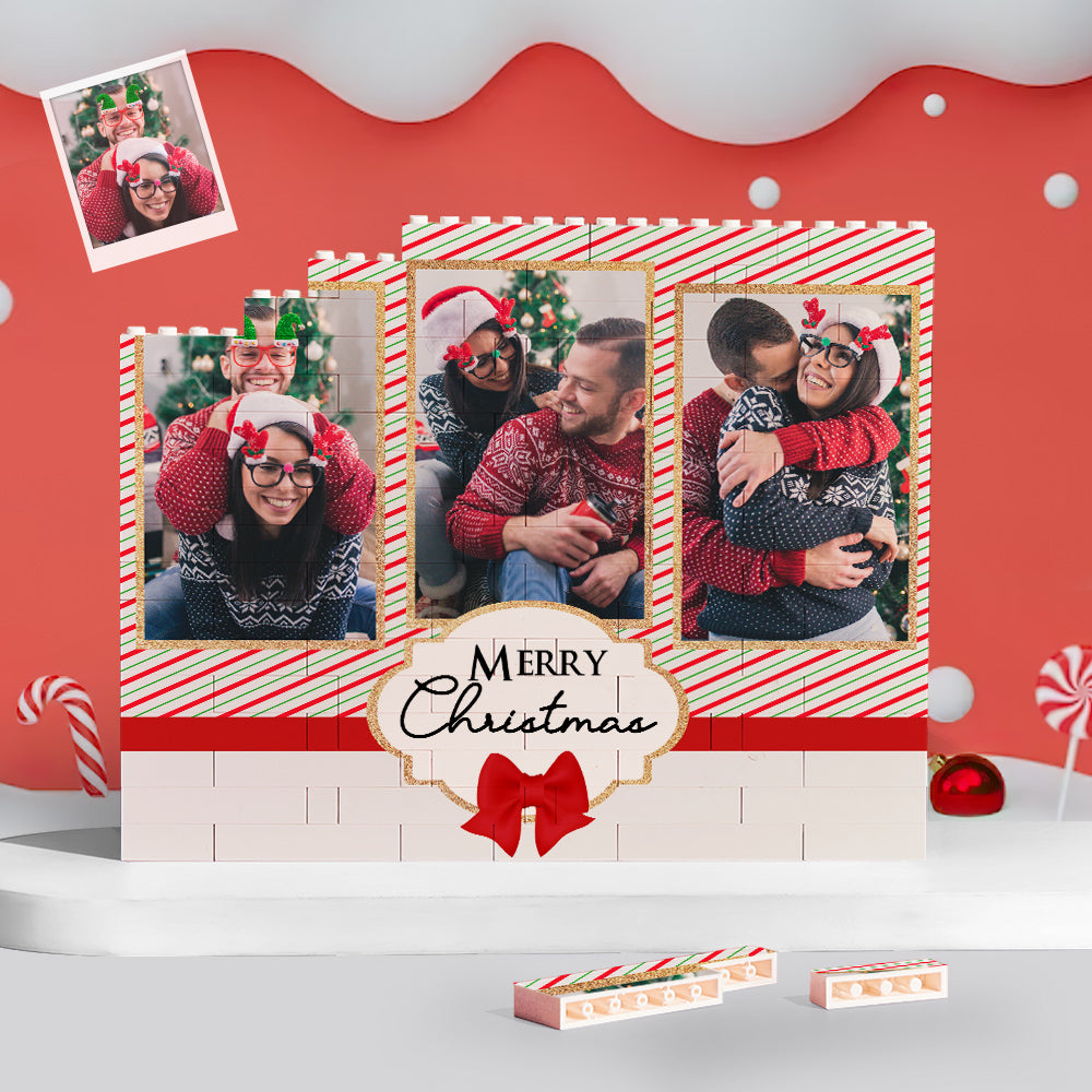 Custom Building Block Puzzle Personalized Horizontal Trio Couple Photo Brick Merry Christmas - MyFaceTshirt