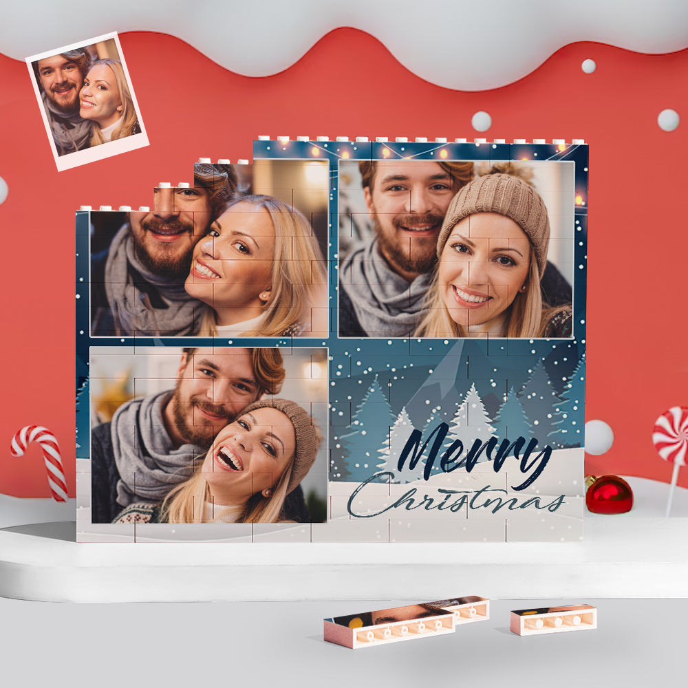 Custom Building Block Puzzle Personalized Blue Horizontal Trio Couple Photo Brick Christmas Gift - MyFaceTshirt