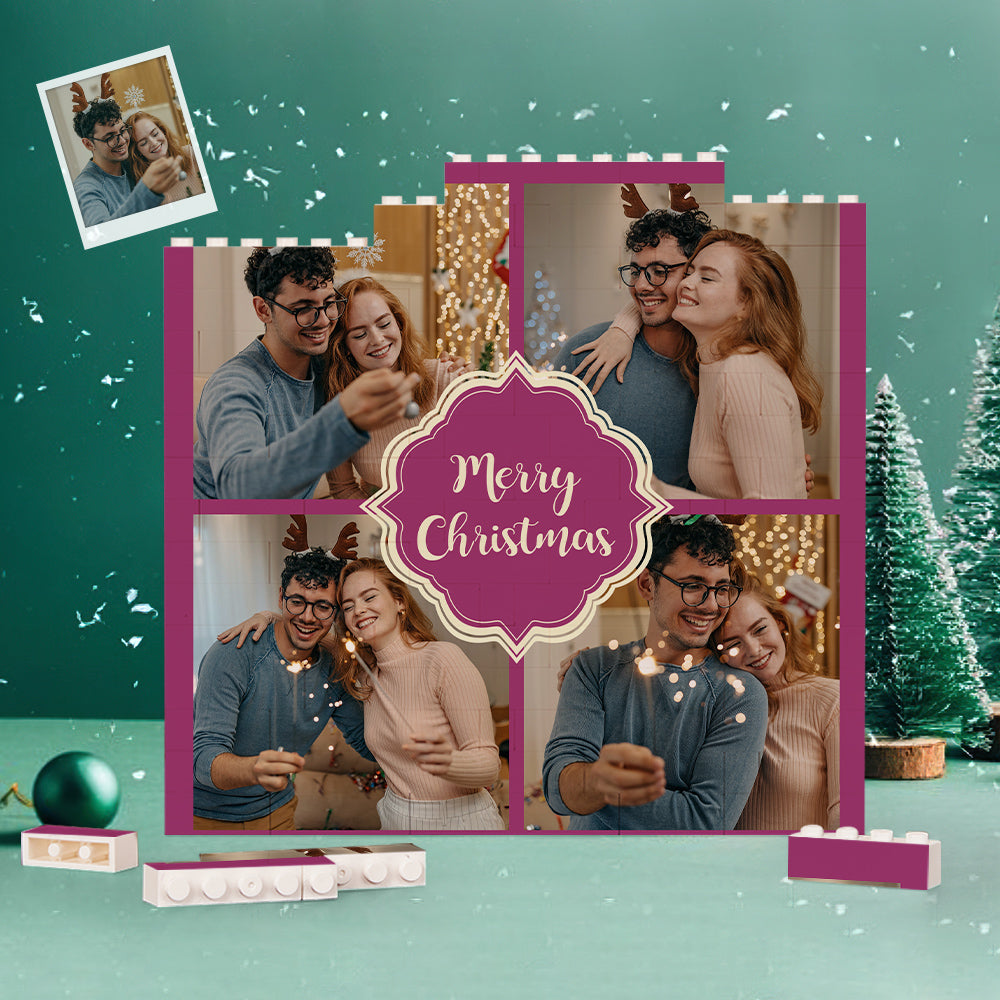 Custom Building Block Puzzle Square Couple Photo Brick Merry Christmas - MyFaceTshirt
