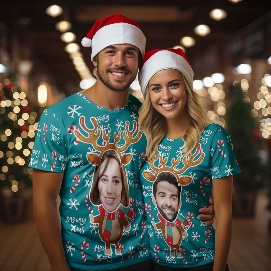 Custom Face Printed T-Shirt Personalized Face On Christmas Shirt Gifts - Reindeer