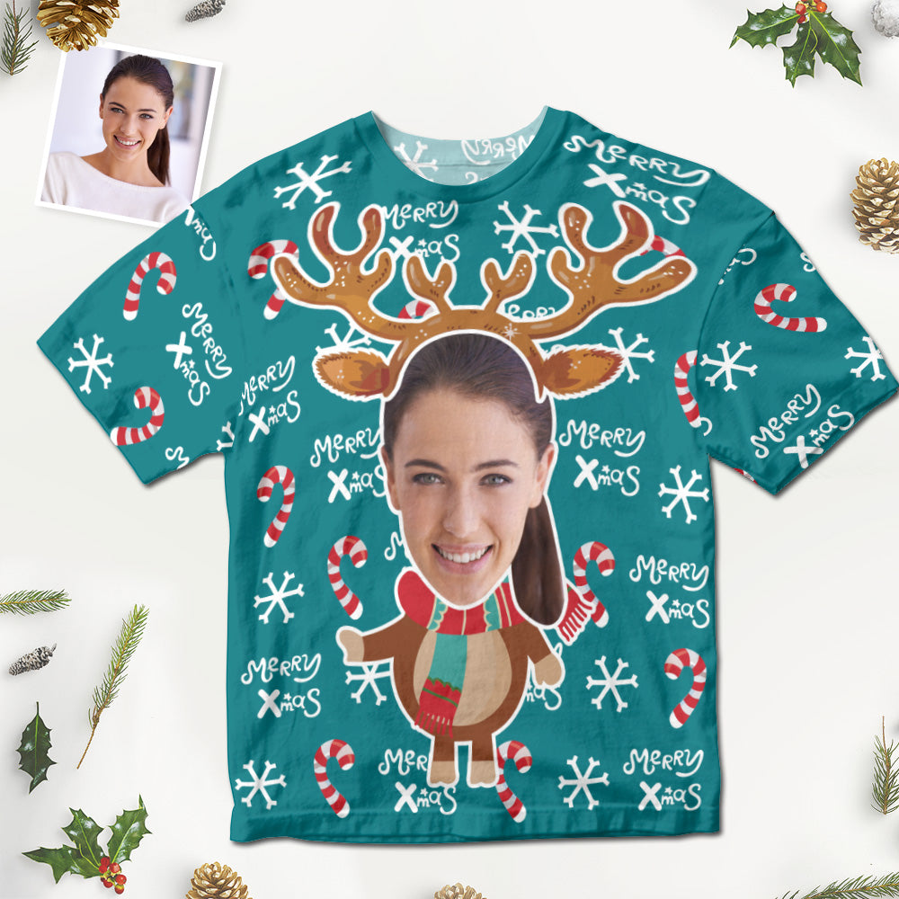 Custom Face Printed T-Shirt Personalized Face On Christmas Shirt Gifts - Reindeer