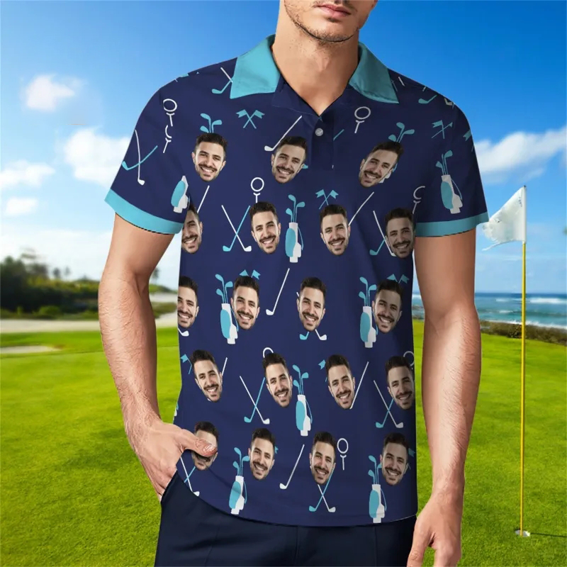 Custom Face Blue Polo Shirt For Men Personalized Golf Shirts