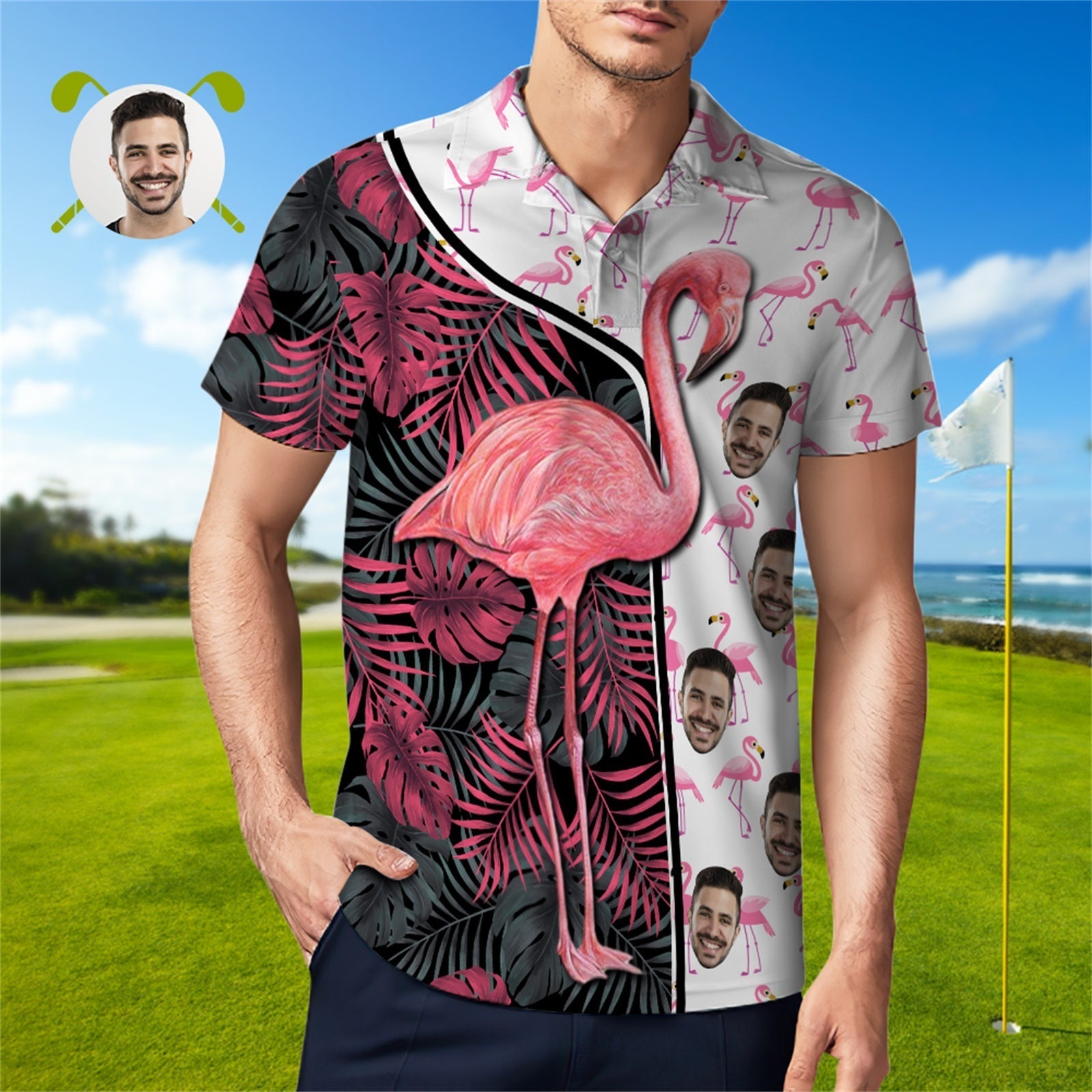 Custom Face Polo Shirt For Men Funny Flamingo Hawaiian Golf Shirts - SantaSocks